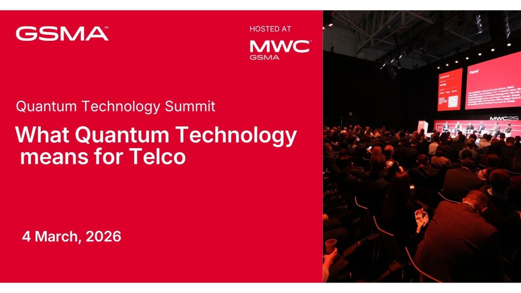 Red and black event slide reads: "Quantum Technology Summit: What Quantum Technology means for Telco. 4 March, 2026." On the right, a dark auditorium is filled with seated attendees facing a stage with a large screen displaying "MWC25.