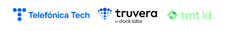 Logos for three companies in a row: Telefónica Tech with a blue dotted logo and text, truvera by dock labs with a blue dotted logo and black text, and tmt.id with a green diamond logo and light green text on a white background.