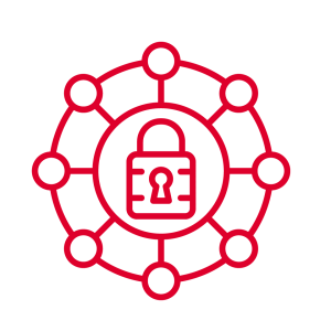 A red outline of a padlock is centred within a circular network of interconnected nodes, symbolising scam prevention and secure network connections, on a light grey background.