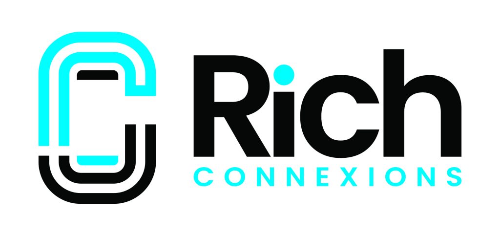 Logo with a stylised “C” on the left, formed by layered turquoise and black curved lines. To the right, bold black text reads “Rich” and beneath it, smaller turquoise text spells “CONNEXIONS.” The design is clean and modern.
