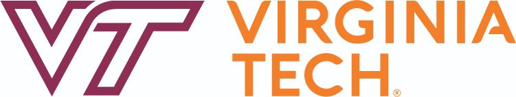 The image shows the Virginia Tech logo. On the left, a maroon “VT” is stylised with sharp angles. On the right, the words “VIRGINIA TECH” are written in bold, uppercase orange letters, stacked vertically against a white background.