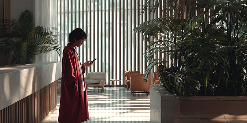 A person in a red coat stands indoors, looking at a mobile—perhaps checking scam prevention tips. Sunlight streams through vertical blinds, casting shadows on the floor amid green plants and tan chairs in the modern, calm space.