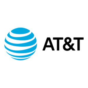 The image shows the AT&T logo: a blue and white globe with curved stripes on the left and the black letters “AT&T” in bold sans-serif font on the right, all on a light grey background—often recognised in campaigns raising awareness about scams such as phishing, vishing, and smishing.