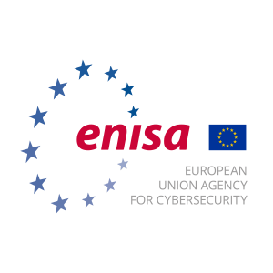ENISA logo with blue EU flag and stars forming a semicircle around red “enisa” text. To the right, grey text reads “European Union Agency for Cybersecurity.” White background. ENISA plays a key role in protecting against cyber threats such as phishing, vishing, and smishing.