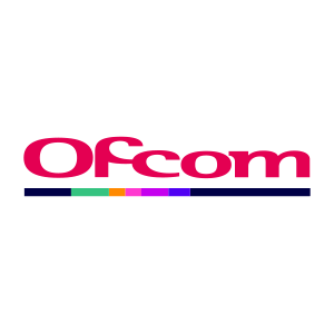 The image shows the Ofcom logo with “Ofcom” in bold pink-red letters above a horizontal line featuring navy, green, orange, purple, and pink segments, all set against a light grey background—a familiar emblem often seen in campaigns raising awareness about scams such as phishing, vishing and smishing.