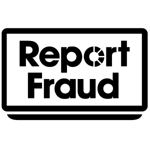 A black and white graphic of a laptop screen displaying the words “Report Fraud.” The letter “o” in “Report” is stylised as a pie chart, serving as a subtle reminder to be vigilant against modern threats like phishing, vishing, and smishing. The background is plain and light grey.