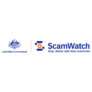 Australian Government logo beside ScamWatch logo and text: “ScamWatch. Stop. Better safe than scammed.” Both logos are on a light grey background with simple blue and orange colour accents, reminding Australians to stay alert against phishing, vishing, and smishing scams.