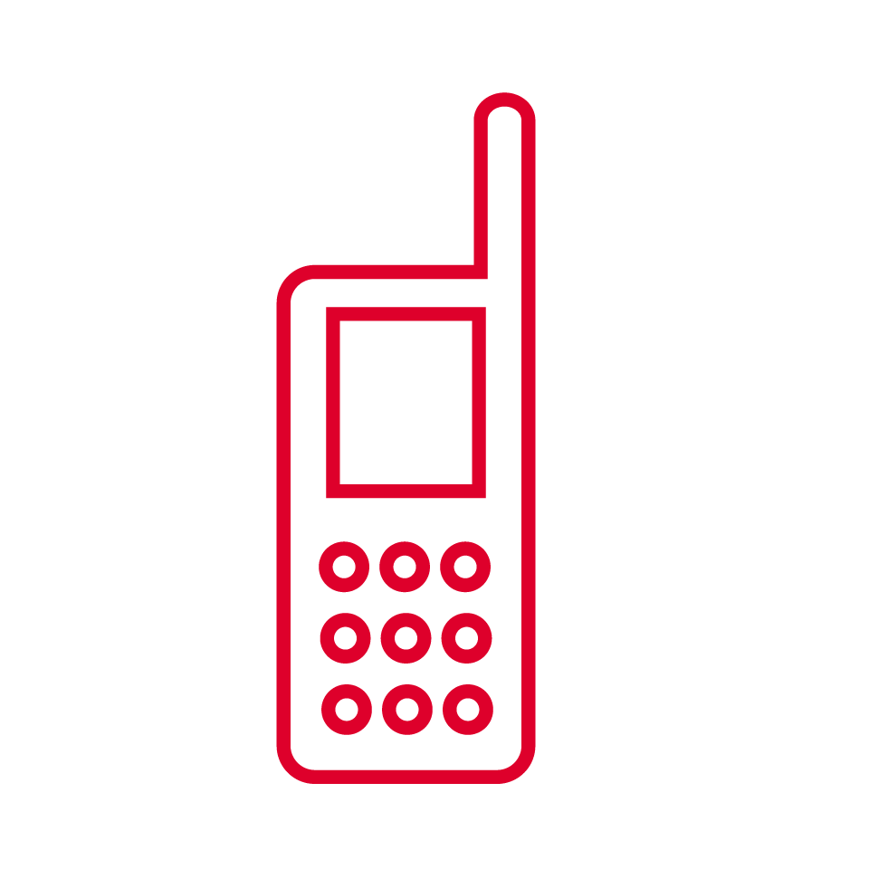 Red outline drawing of an old-fashioned mobile phone with an aerial, a rectangular screen, and two rows of circular buttons—reminiscent of classic one-ring fraud calls—set against a plain light grey background.