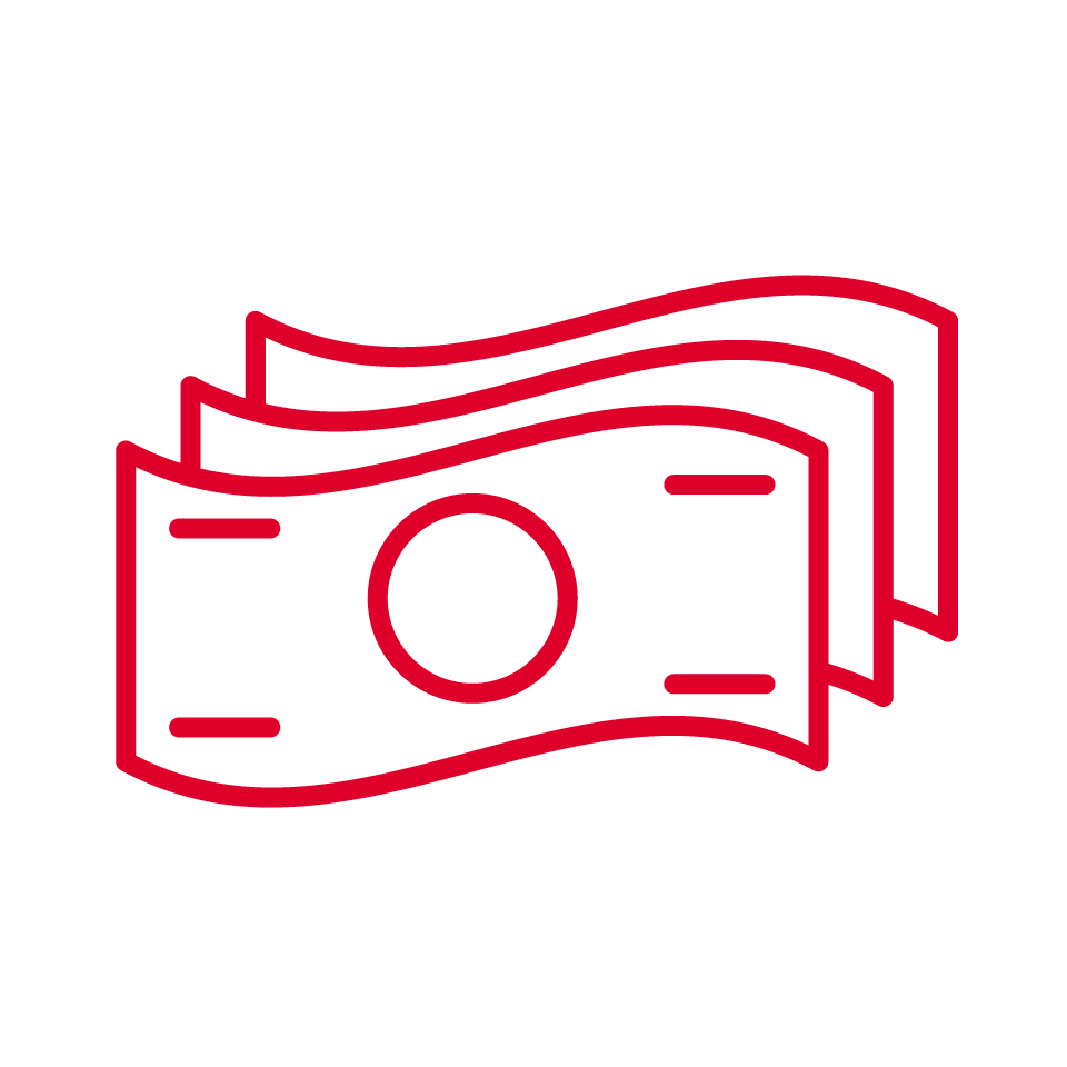 Red outline drawing of three overlapping paper notes with rounded rectangles and a central circle, set against a plain white background. The minimalistic, stylised design subtly suggests money often targeted in one-ring fraud schemes.