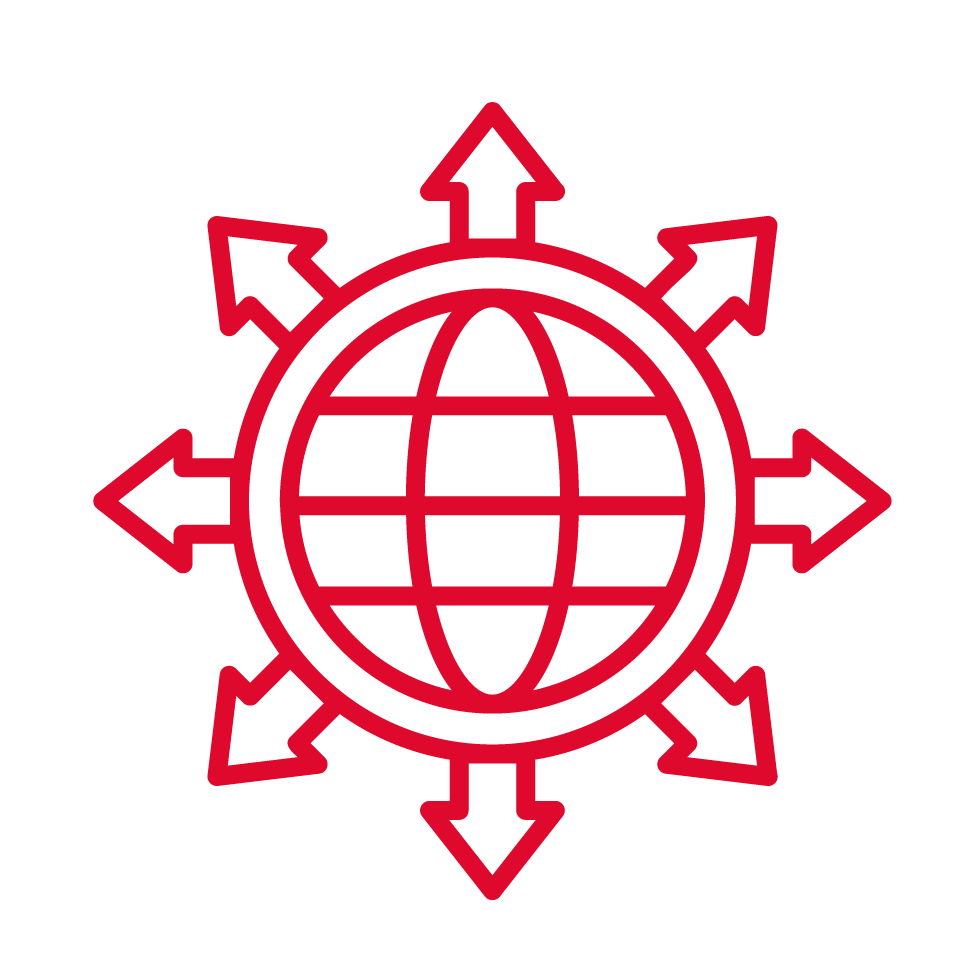 A red globe with latitude and longitude lines, encircled by a ring, features eight outward-pointing arrows symbolising global expansion or worldwide connectivity—highlighting the importance of protecting against threats like SIM Swap fraud. The background is plain white.