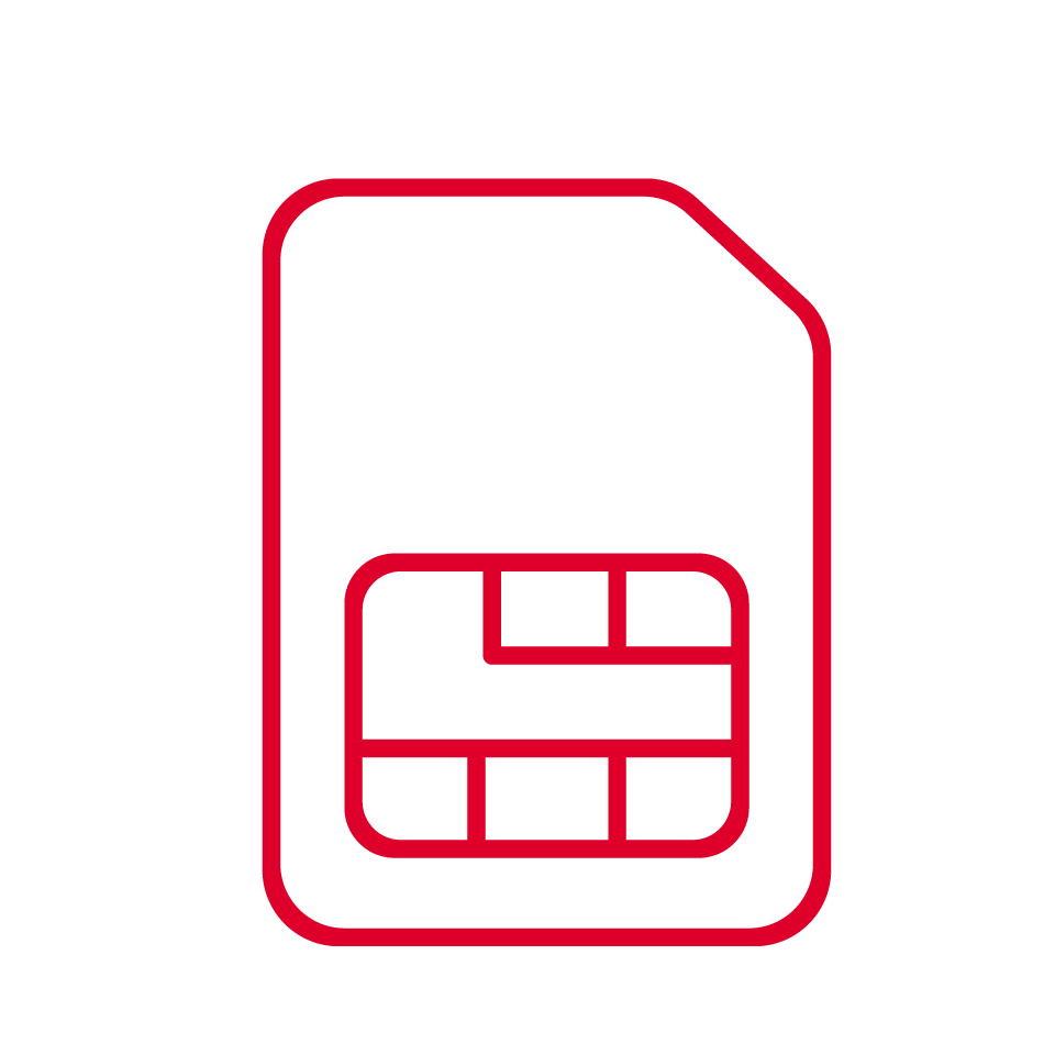 A red outline of a SIM card with visible gold chip pattern is centred on a light grey background. The minimalistic design highlights the rectangular shape and angled corner, evoking concepts like SIM farms in telecommunications.
