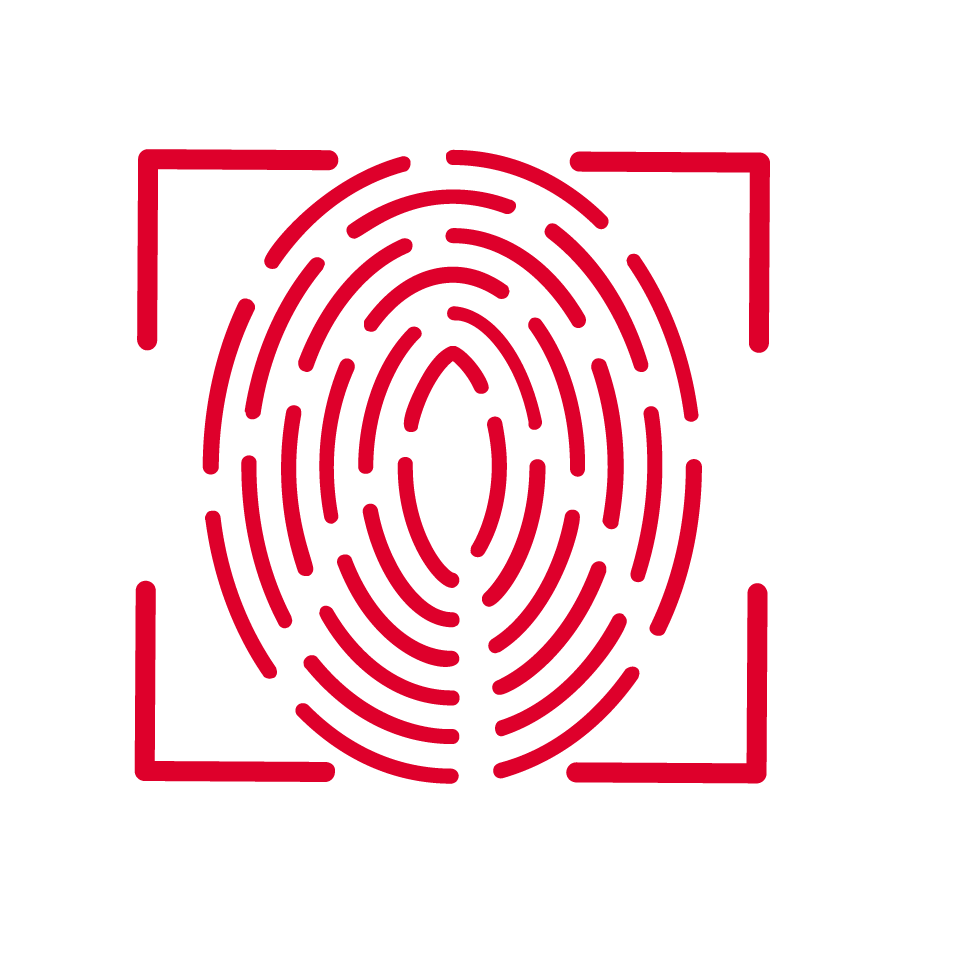 A red fingerprint icon, centred inside four red corner brackets on a white background, suggests biometric identification or secure authentication to help protect against SIM Swap fraud. The fingerprint features curved, thick lines forming an oval pattern.