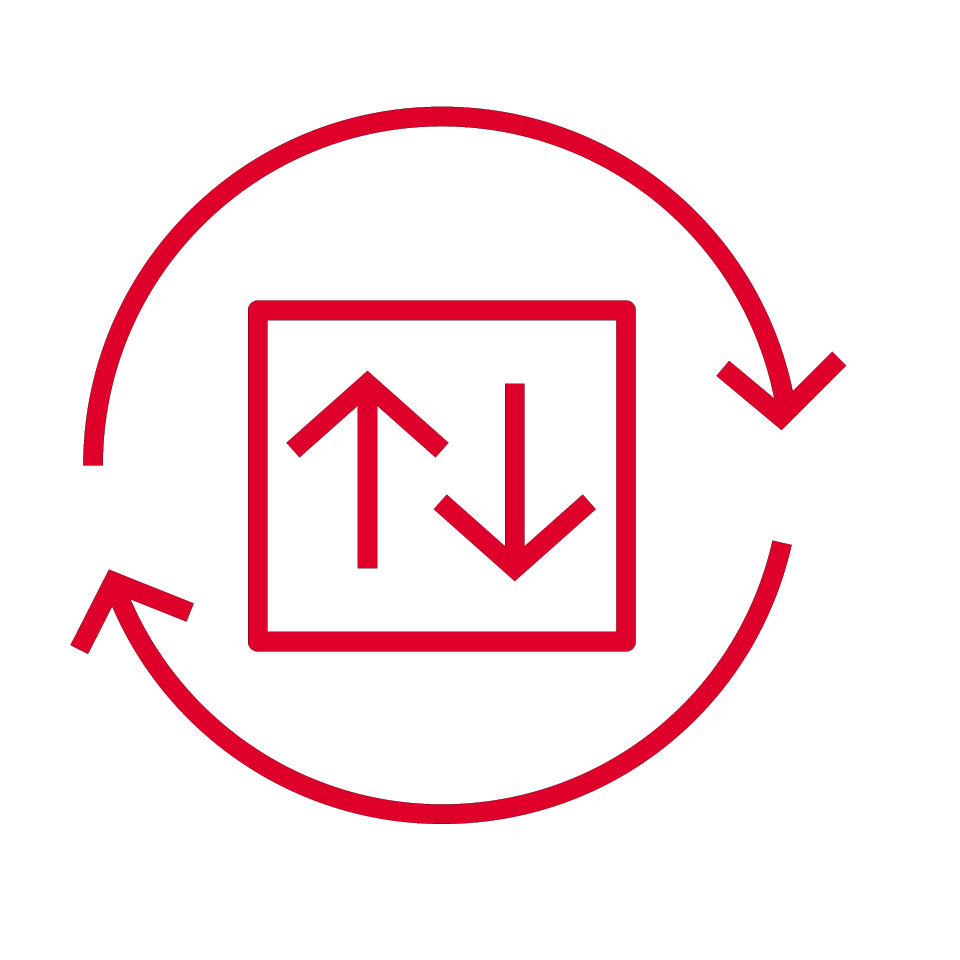 A red icon of a square containing two arrows pointing in opposite vertical directions, surrounded by a circular arrow indicating a clockwise rotation, representing an account takeover. The design uses simple, bold lines against a light grey background.