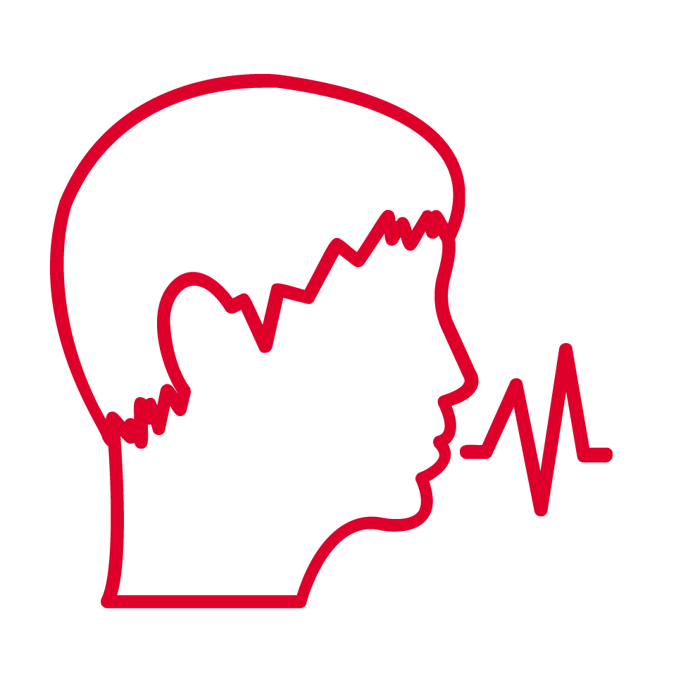 A red line-art silhouette of a human head in profile faces right, with a red jagged sound wave emanating from the mouth area to illustrate robocalling against a light grey background.