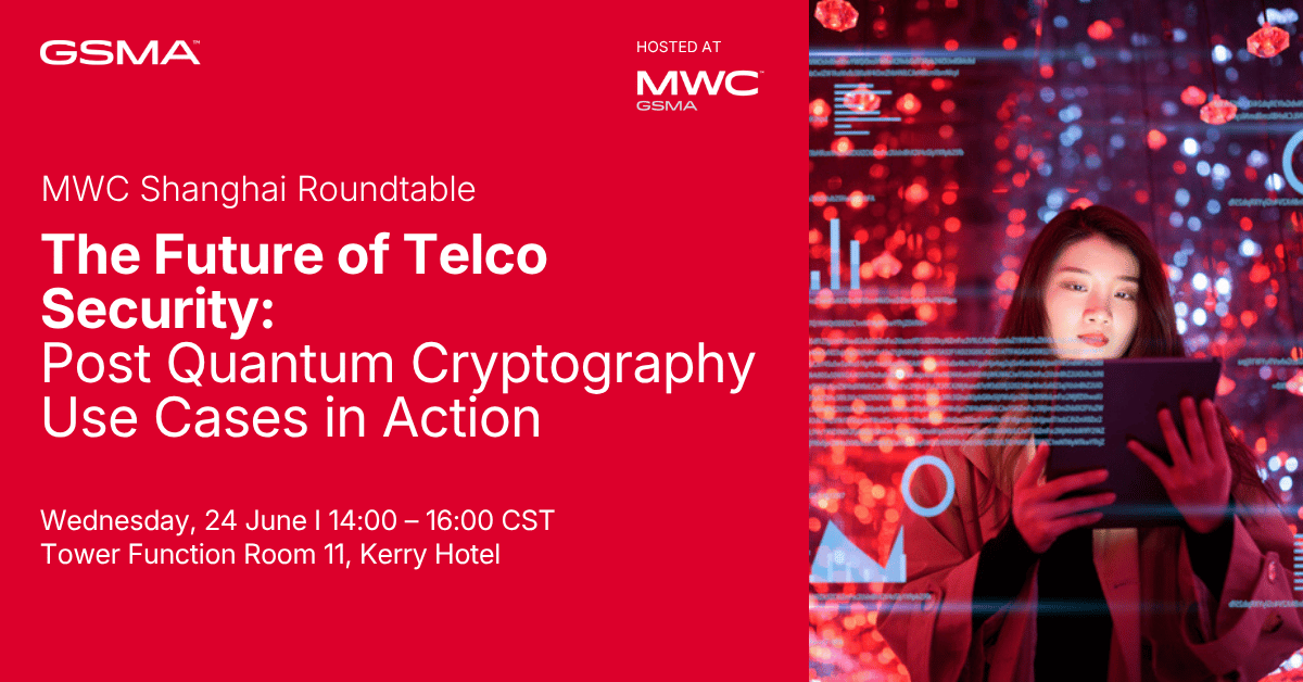 A promotional banner for the "MWC Shanghai Roundtable: The Future of Telco Security." Details include: post-quantum cryptography use cases, event date 24 June, 14:00–16:00 CST, at Kerry Hotel. Right side shows a woman using a digital interface with glowing graphics.