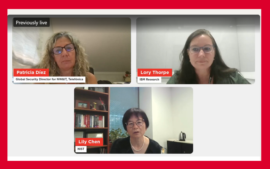 A virtual panel features three women: Patricia Díez, Lory Thorpe, and Lily Chen. Each appears in a separate video box with name and title labels. Lily sits before shelves and a window; the others have plain backgrounds. A red border outlines the image.