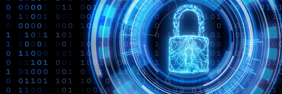 Digital illustration of a glowing padlock surrounded by concentric circles, symbolizing cybersecurity. Binary code in blue and black forms the background, emphasizing the theme of digital protection and encryption. The lock appears in electric blue, highlighting its central importance.