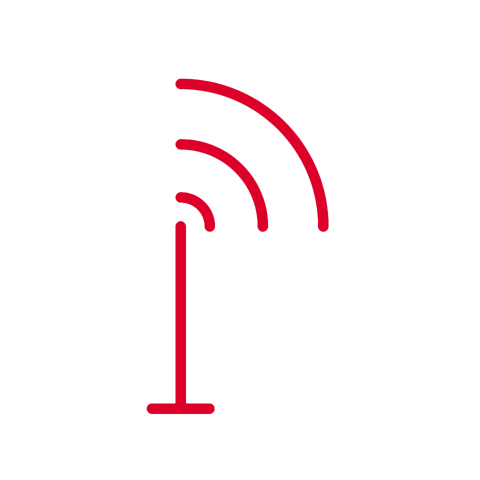 Red Wi-Fi signal icon, now enhanced for 5G security, features a vertical line and three curved lines radiating outward on a white background, indicating connectivity strength.