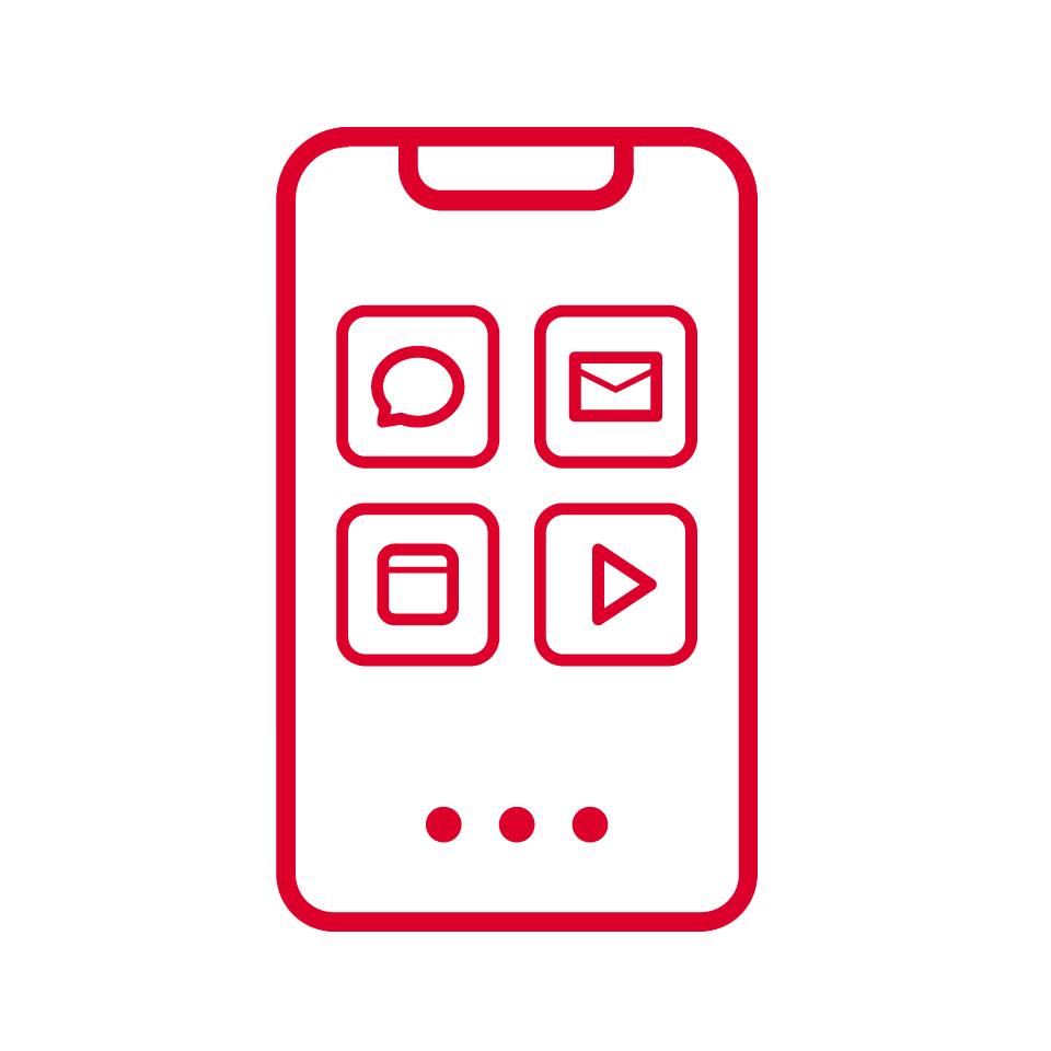 A red line drawing of a smartphone showcases a 5G-ready home screen with six app icons: a speech bubble, an envelope, a location pin, a play button, and two generic squares. Below the screen are three small dots, symbolizing navigation buttons and hinting at enhanced security features.