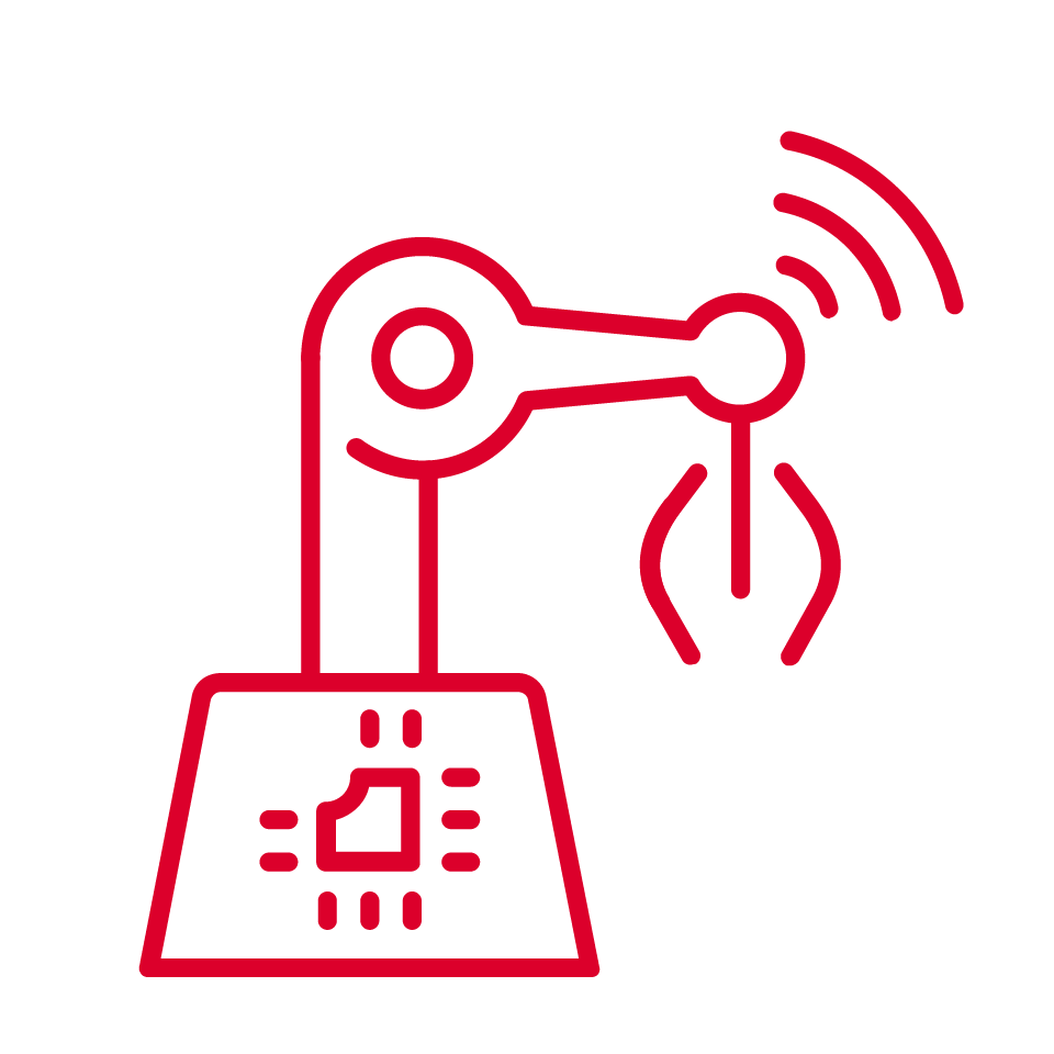 Red outline icon of a robotic arm holding a key, with three curved lines representing 5G security and wireless connectivity, resembling a smart robotic automation concept on a white background.