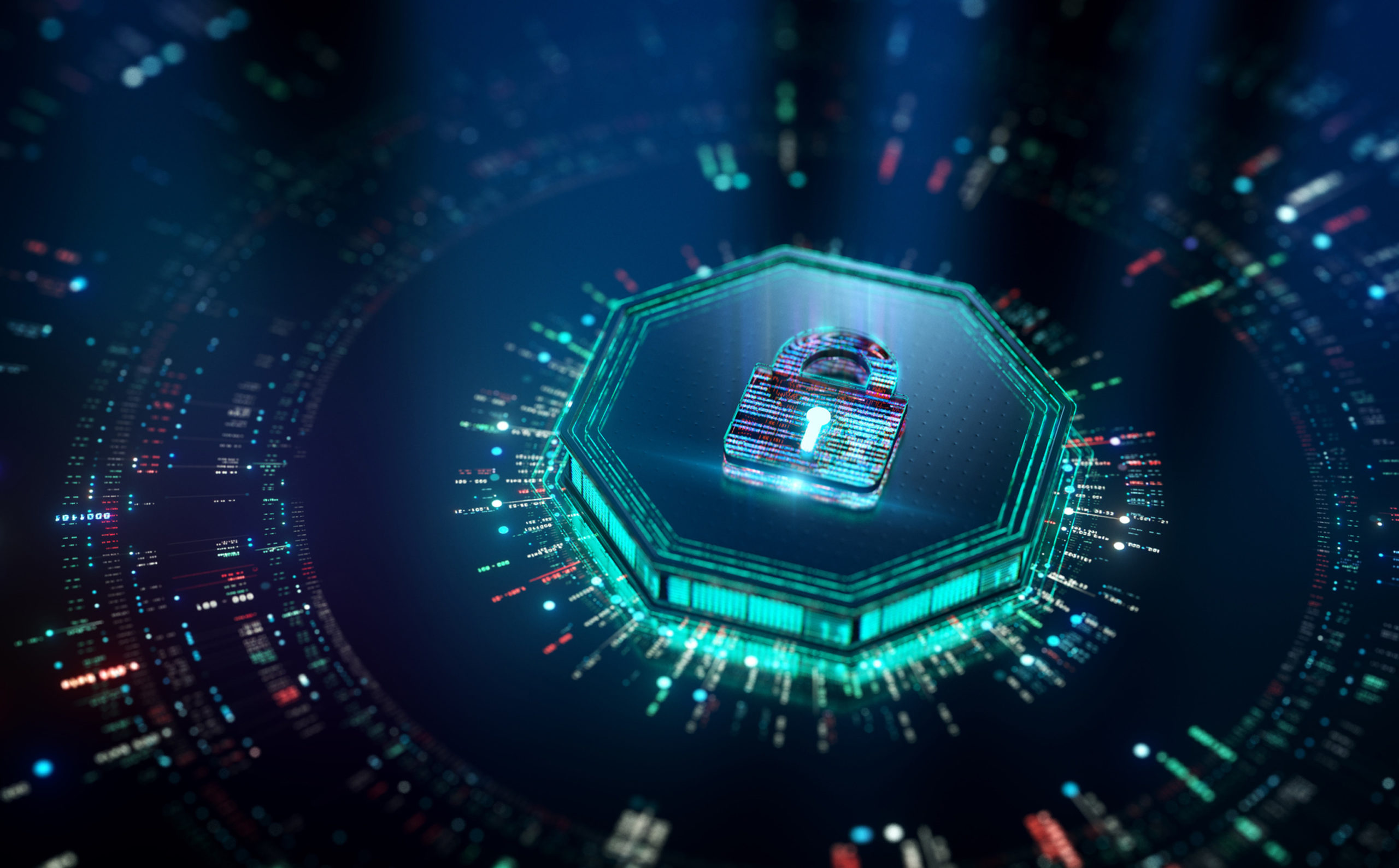 A digital illustration of a glowing padlock symbol on a hexagonal platform, surrounded by colorful circuit lines on a dark, blurred background. The scene suggests cybersecurity and data protection, with vibrant blue, green, and red lights creating a futuristic, secure atmosphere.
