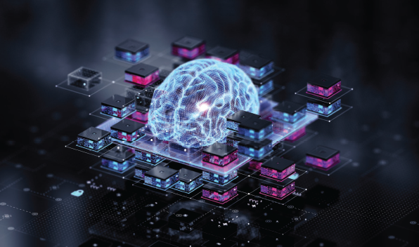 Digital illustration of a glowing blue brain surrounded by layered, interconnected computer chips in shades of pink and blue. The backdrop is a dark, techno-themed grid, symbolizing the fusion of artificial intelligence and technology.