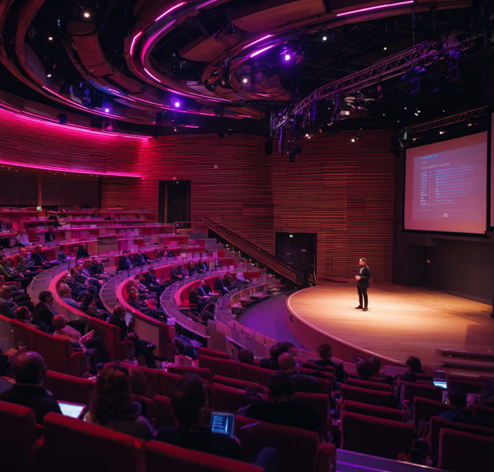A person stands on stage giving a presentation on scam prevention to an audience in a modern, circular auditorium with red seats, wooden walls, and purple lighting. A large screen displays slides while attendees watch, some using laptops.
