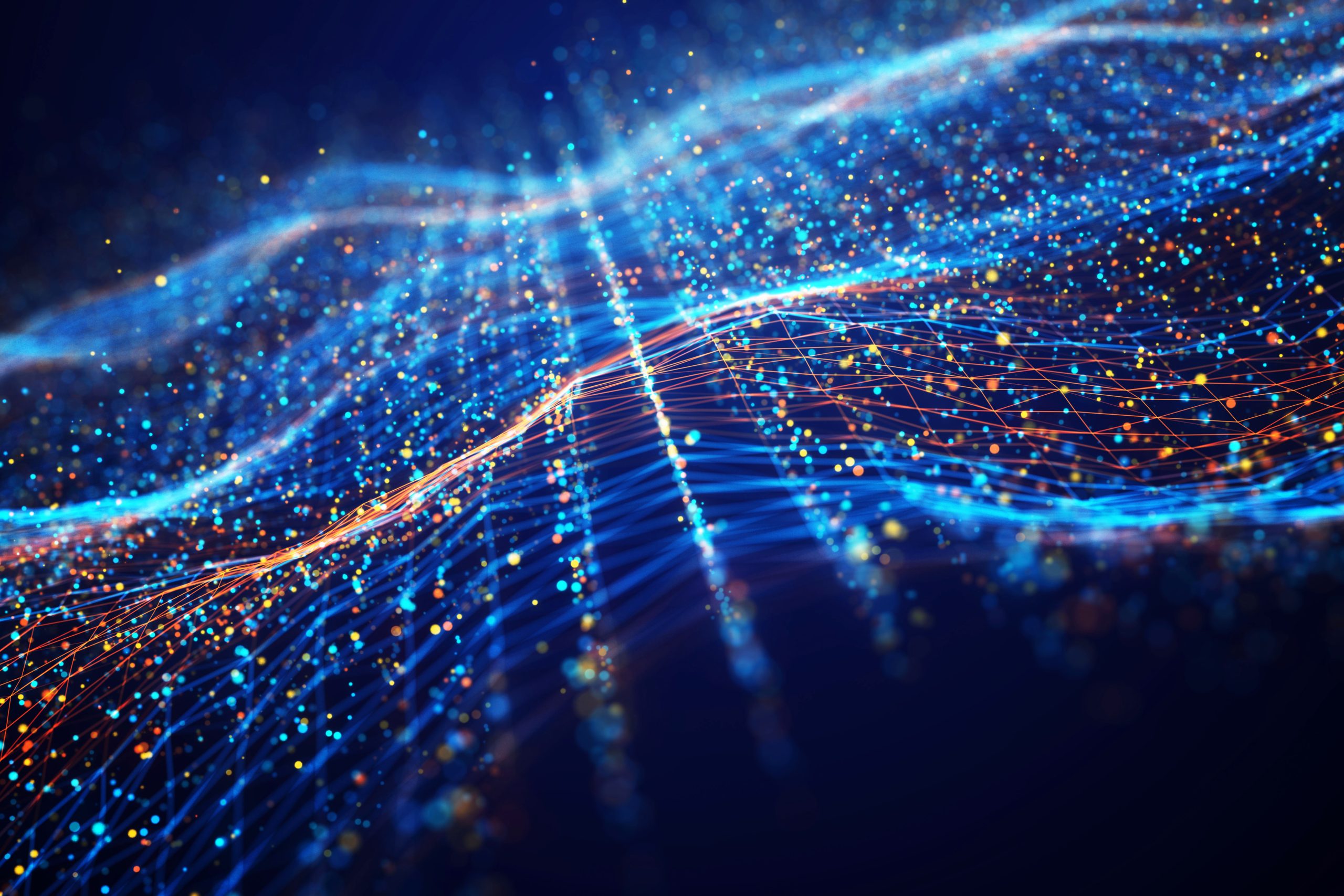 Abstract digital network with glowing blue and orange dots forming wavy lines on a dark background, symbolising security and fraud in a connected world.