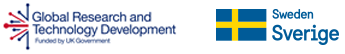 Logos side by side: left, Global Research and Technology Development with a UK flag icon and text “Funded by UK Government”; right, Swedish flag with the text “Sweden Sverige” in blue.