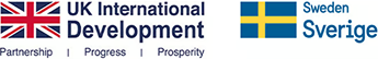 Logos of UK International Development and Sweden Sverige. The UK logo features a Union Jack flag and the words “UK International Development, Partnership, Progress, Prosperity.” The Sweden logo shows the Swedish flag and the text “Sweden Sverige”.