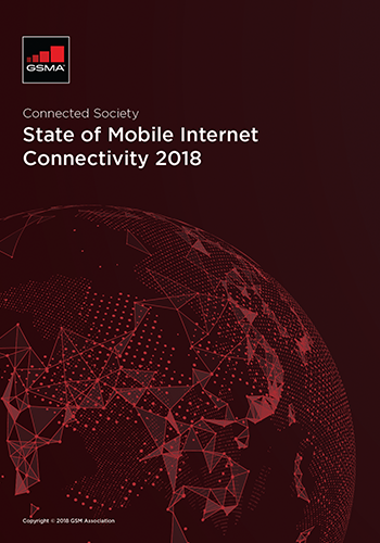 Report cover with a dark red background featuring a digital, wireframe globe in red tones. Text reads: "Connected Society State of Mobile Internet Connectivity 2018." GSMA logo in the top left corner. Copyright GSMA Association at the bottom.