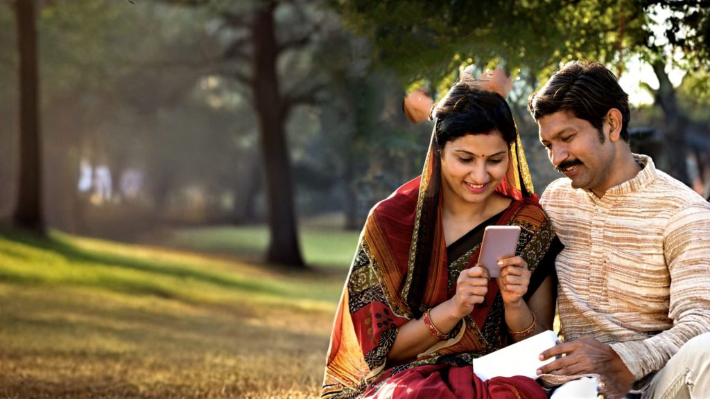 A woman in a red sari and a man in a beige kurta sit on grass, smiling as they look at a mobile phone together. Trees and sunlight fill the background, creating a warm, peaceful park scene.