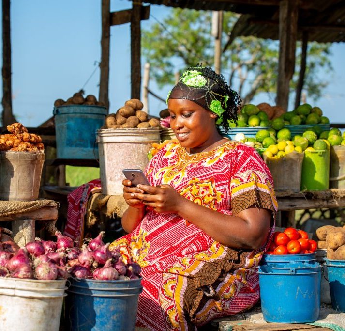 A woman in a colorful dress and headscarf sits at a market stall filled with baskets of onions, potatoes, tomatoes, and other produce. She is smiling and looking at her smartphone. The stall is under a wooden structure with a sunny, clear sky in the background.