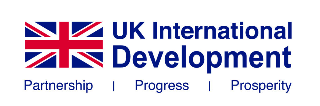 Logo of uk international development featuring the union jack flag with the words "partnership," "progress," and "prosperity.