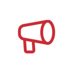 A red megaphone icon on a white background symbolizes an announcement, echoing the voice of your GSM App. Angled slightly to the right, it features a rectangular grip and circular opening, embodying simplicity and minimalism in design.