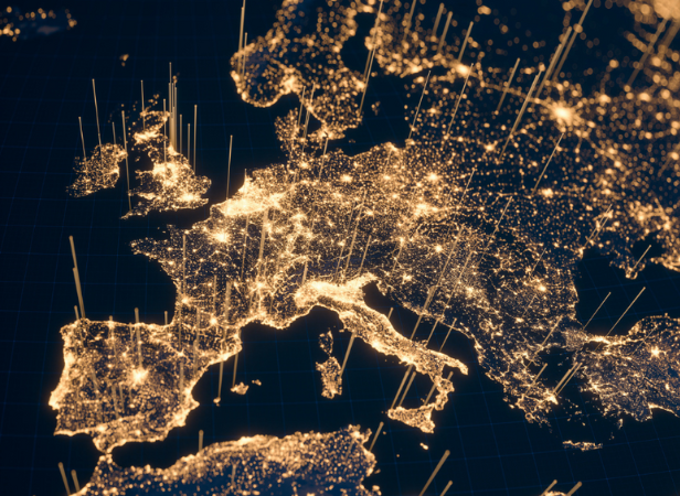 A digital map of Europe at night, with glowing yellow lights highlighting cities and densely populated areas. Lines extend upwards from these areas, suggesting data flow or connectivity. The dark background contrasts with the bright lights, indicating urban centers.