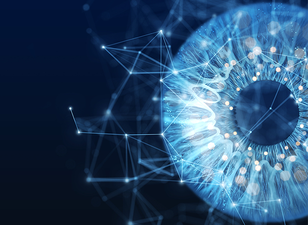 Close-up digital rendering of an abstract blue eye with glowing geometric patterns and connections. The iris features intricate, radiating lines and luminous points. The background is a deep blue with interconnected lines and nodes, symbolizing connectivity and technology.