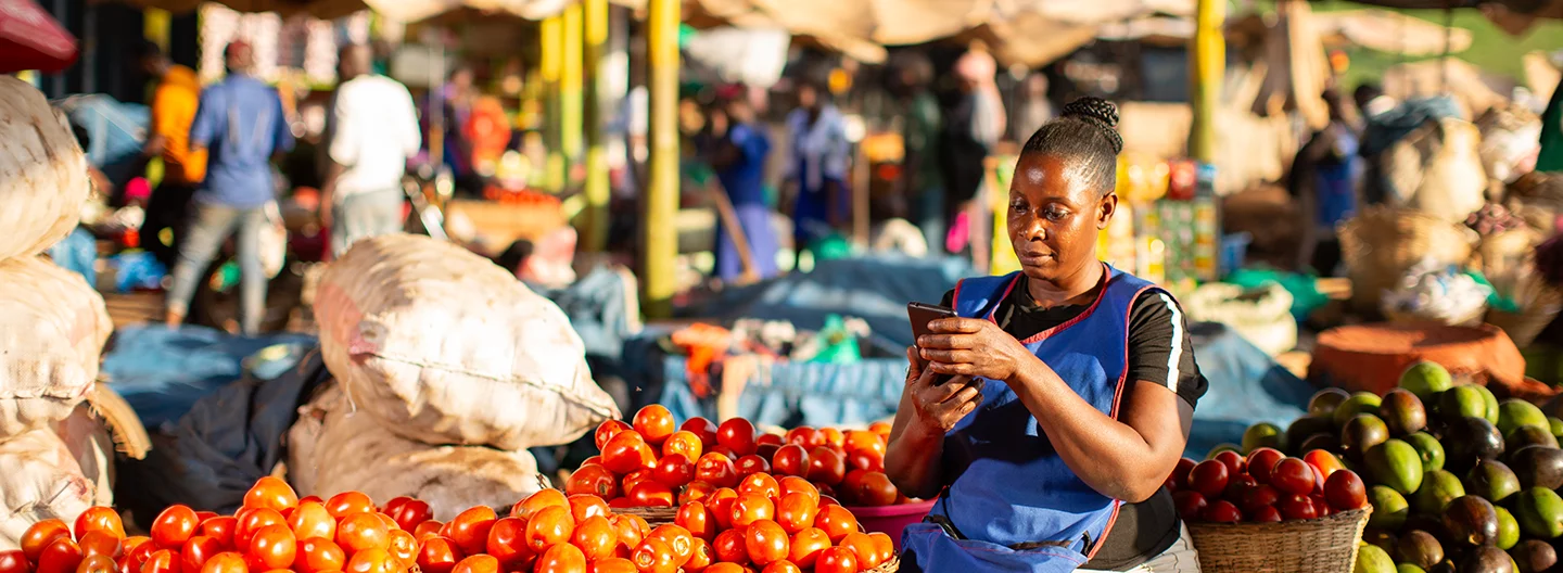 A woman wearing a blue apron sits at an outdoor market stall piled with ripe red tomatoes and avocados. She focuses on her smartphone, with sacks and other market vendors visible in the bustling, sunlit background.