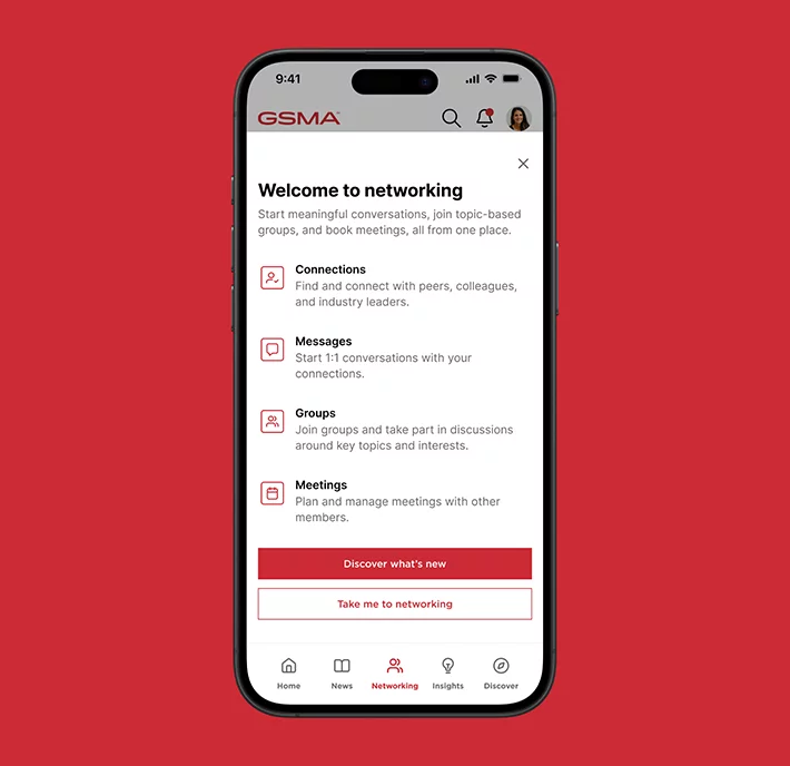 A smartphone displays a networking app screen with options for Connections, Messages, Groups, and Meetings. Each option has a red icon and description. The screen background is white, and the phone is centered on a solid red background.
