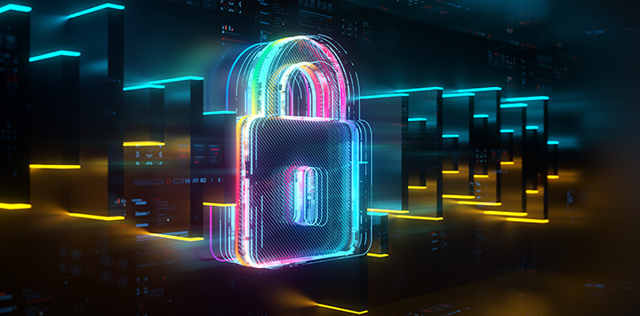 A large, glowing neon padlock floats in front of rows of illuminated server racks. The scene is dark with vibrant blue, yellow, and pink lights, symbolizing cybersecurity and digital data protection in a futuristic server environment.