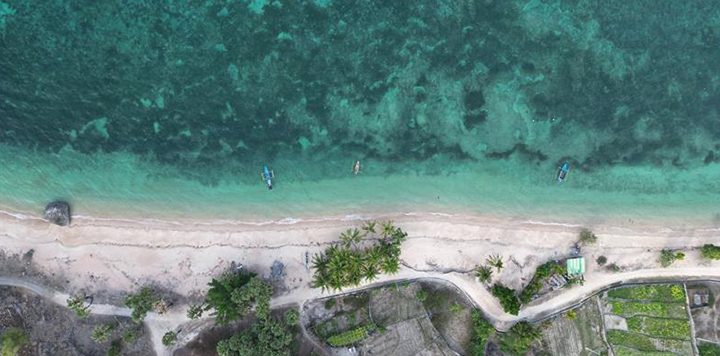 Aerial view of a tropical coastline, with turquoise water, white sandy beach, a few boats near the shore, palm trees, a coastal road, and green agricultural plots separated by paths in the lower part of the image.