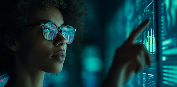 A person with curly hair and glasses examines data visualizations on a large digital screen, pointing at charts and graphs illuminated in blue and green tones, with data reflections visible in their glasses.