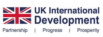 The image features the UK flag, followed by the text “UK International Development.” Below, in smaller font, are the words: “Partnership | Progress | Prosperity.” The design uses blue and red colors on a white background.
