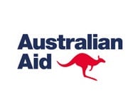 The image shows the "Australian Aid" logo with bold blue text and a red silhouette of a kangaroo underneath the word "Aid" on a white background.