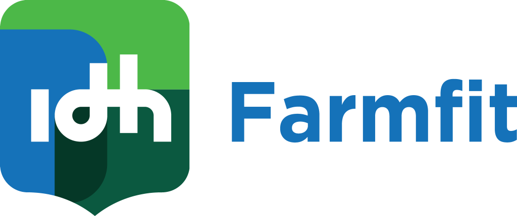 Logo for IDH Farmfit. On the left, a geometric shield contains the lowercase letters "idh" in white on blue and green blocks. To the right, "Farmfit" is written in bold blue text on a light background.