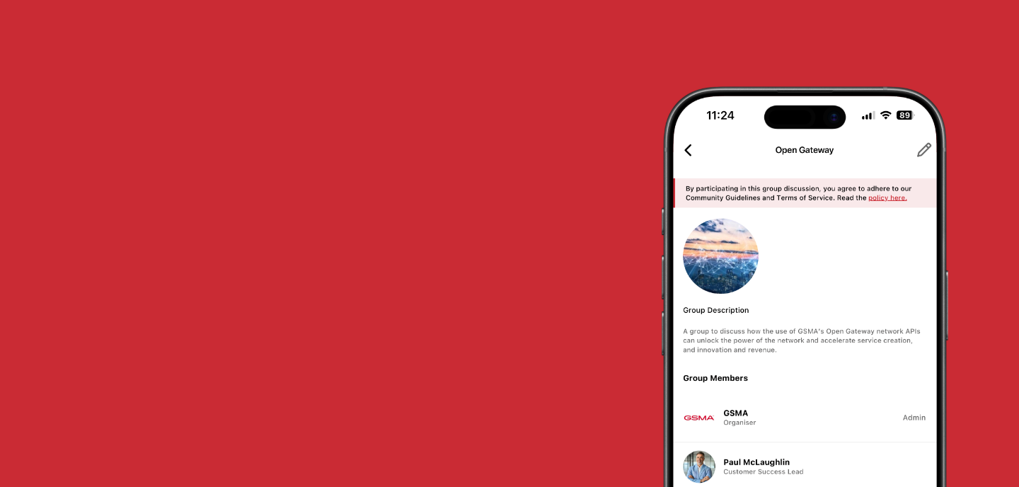 A smartphone screen shows a group chat called “Open Gateway” with a circular cover photo of a sunset over water. Group details and members' names are partially visible. The background is solid red, and most of the phone is off-center on the right.