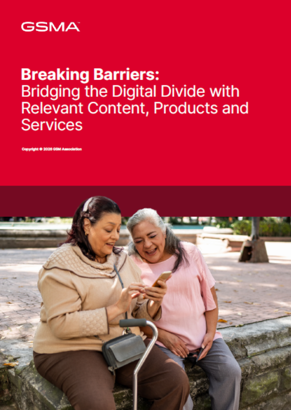 Two older women sit on a park bench, smiling and looking at a mobile phone together. Above them, a red banner reads: “Breaking Barriers: Bridging the Digital Divide and Closing the Usage Gap with Relevant Content, Products and Services.”.