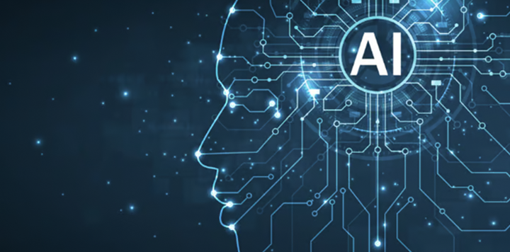 A glowing outline of a human head is formed by blue digital circuit lines on a dark background, with the letters "AI" inside a circle at the head’s centre, symbolising artificial intelligence and the connection between technology and the human mind.