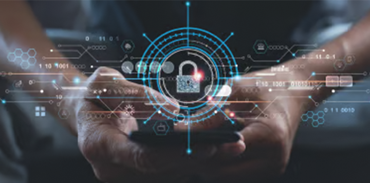 A person holds a mobile phone with a glowing padlock icon and digital network graphics overlaid, symbolising cyber security, data protection, and secure technology use. Blue circular and hexagonal elements enhance the futuristic theme.