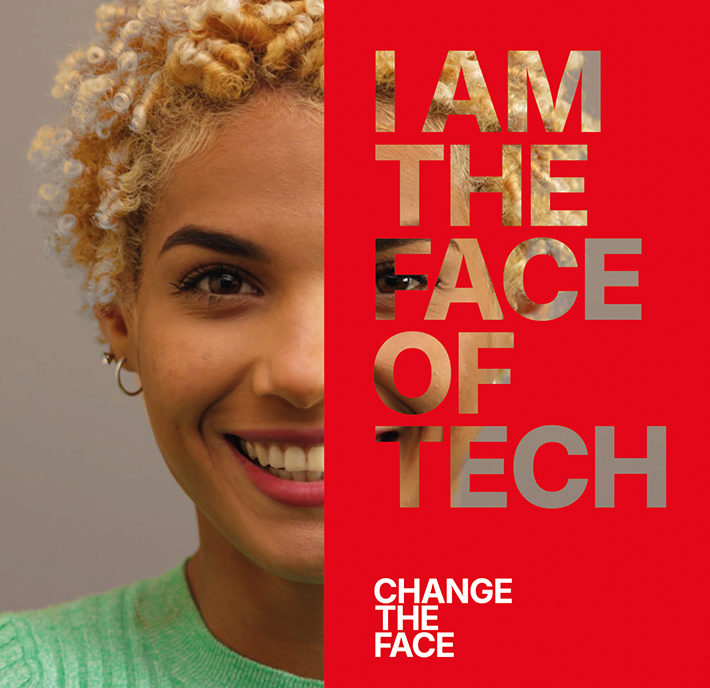 A smiling person with curly blond hair, wearing a green top and small hoop earrings, is shown. Their face is partially covered by a bold red overlay with large text reading, “I AM THE FACE OF TECH.” Below, smaller text says, “CHANGE THE FACE.”.